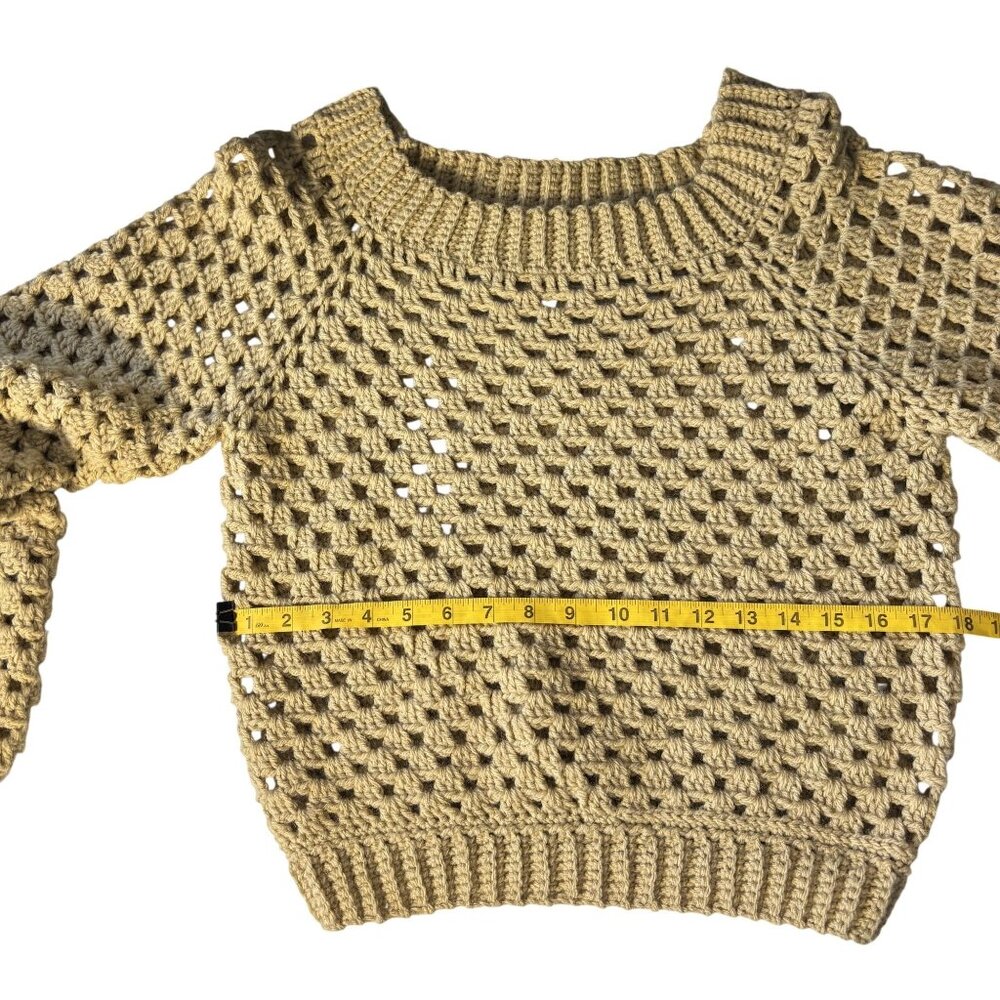 Handmade Crochet Open-Knit Beige Sweater With Ribbed Collar & Cuffs - Picture 7 of 9